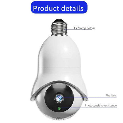 Wireless Light Bulb WiFi Surveillance Camera with Night Vision showing E27 bulb holder, lens and motion/night vision features