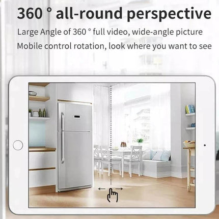 Wireless Light Bulb WiFi Surveillance Camera with Night Vision showing 360° wide-angle live view on a tablet monitoring a bright living space