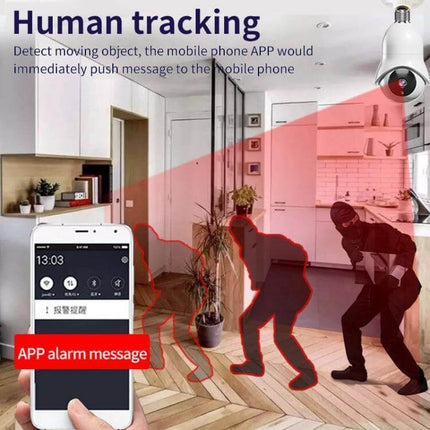 Wireless Light Bulb WiFi Surveillance Camera with Night Vision monitoring entryway with human tracking and APP alarm message
