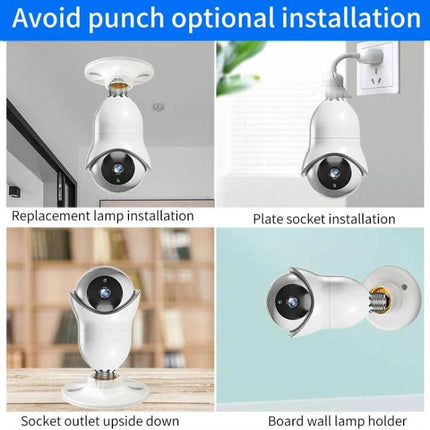 Wireless Light Bulb WiFi Surveillance Camera with Night Vision installed in E27 fixtures showing multiple mounting options