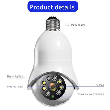 WiFi Light Bulb Camera for Home Security Monitoring showing E27 base, lens, infrared LEDs and motion detection features