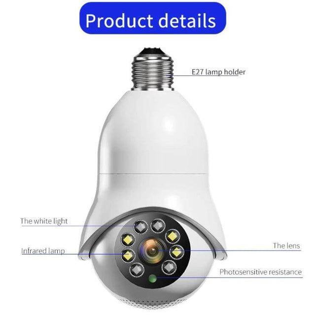 WiFi Light Bulb Camera for Home Security Monitoring showing E27 base, lens, infrared LEDs and motion detection features