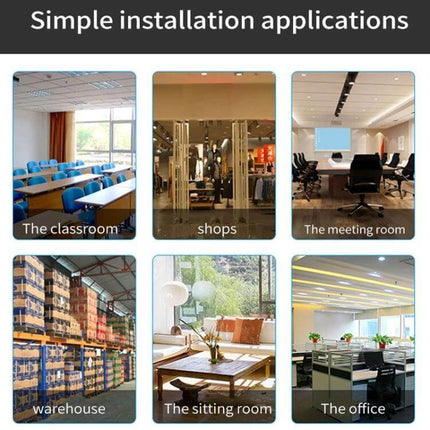 WiFi Light Bulb Camera for Home Security Monitoring showing installation examples: classroom, shops, meeting room, warehouse, sitting room, office