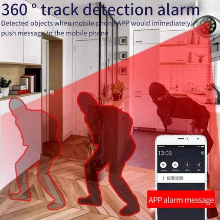 WiFi Light Bulb Camera for Home Security Monitoring showing 360° motion detection and app alarm notification with intruders highlighted