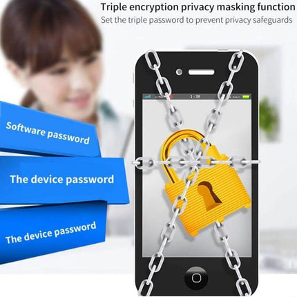 WiFi Light Bulb Camera for Home Security Monitoring showing mobile app with chained padlock icon representing triple encryption and password protection