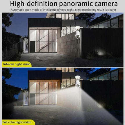WiFi Light Bulb Camera for Home Security Monitoring showing wall-mounted bulb camera with infrared night vision and full-color night spotlight at home entrance