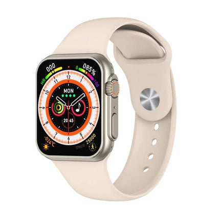 Daily Smart Watch for Everyday Activity and Health Tracking showing beige band, touchscreen fitness display with steps, heart rate, calories and notification icons