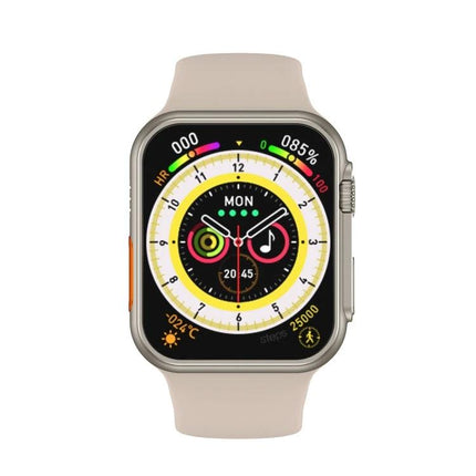 Daily Smart Watch for Everyday Activity and Health Tracking - beige smartwatch showing activity rings, heart rate, steps, and notifications on display