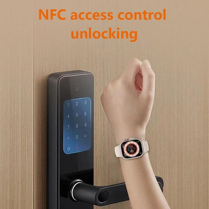 A Practical Smart Watch for Everyday Health and Activity Tracking shown used to unlock an NFC door lock with wrist tap, full touch 2.0-inch IPS display visible