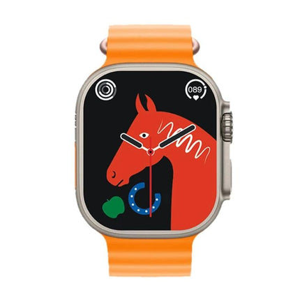 Versatile Smart Watch for Daily Health and Activity Tracking with orange band showing horse-themed watch face, heart rate and activity icons