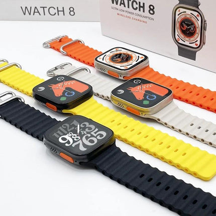 Versatile Smart Watch for Daily Health and Activity Tracking - colorful Watch 8 lineup showing black, yellow, white, and orange bands with health-tracking displays