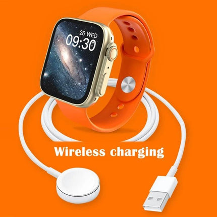 Versatile Smart Watch for Daily Health and Activity Tracking - orange strap smartwatch showing time, heart-rate display and wireless charging cable