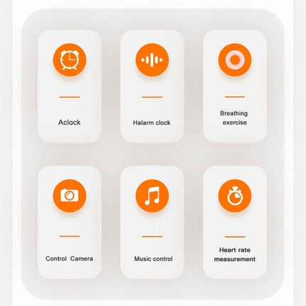 Versatile Smart Watch for Daily Health and Activity Tracking showing icons for alarm, breathing exercise, camera control, music control, and heart rate measurement