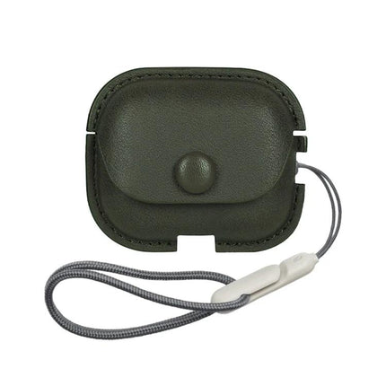 Daily Protection for AirPods with Leather Case and Lanyard in dark green PU leather with button flap and detachable grey lanyard