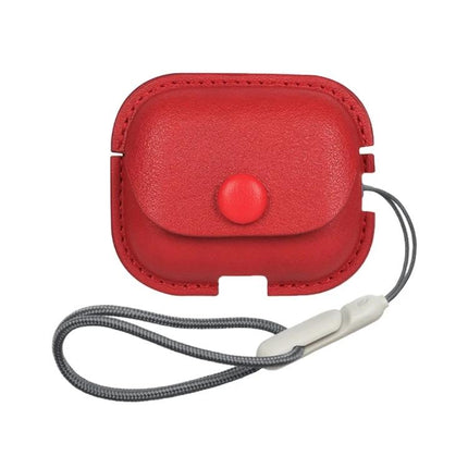 Daily Protection for AirPods with Leather Case and Lanyard - red PU leather case with button flap and gray lanyard