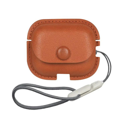 Daily Protection for AirPods with Leather Case and Lanyard in brown PU leather with snap closure and gray carrying lanyard