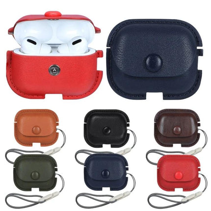 Daily Protection for AirPods with Leather Case and Lanyard showing multiple colored PU leather cases with lanyards