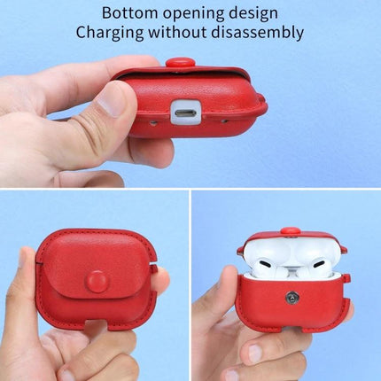 Daily Protection for AirPods with Leather Case and Lanyard - red PU leather case with bottom opening for charging and attached lanyard