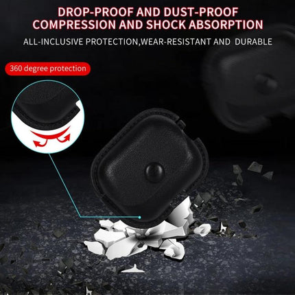 Daily Protection for AirPods with Leather Case and Lanyard showing black PU leather case with lanyard, drop-proof 360° shock and dust protection