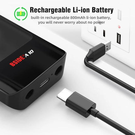BSIDE A10 Portable Multimeter for Everyday Electrical Testing showing rechargeable Li-ion battery and USB-C charging cable