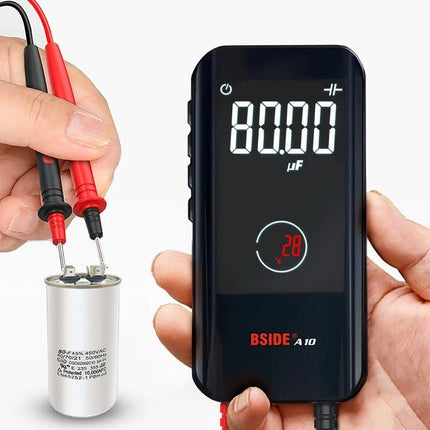 BSIDE A10 Portable Multimeter for Everyday Electrical Testing handheld measuring capacitance and temperature on a capacitor with probes