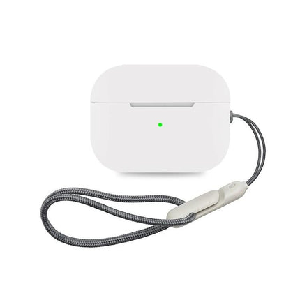 Durable Silicone Case for Protecting Earbuds in Daily Life — white case with charging port open and wrist strap