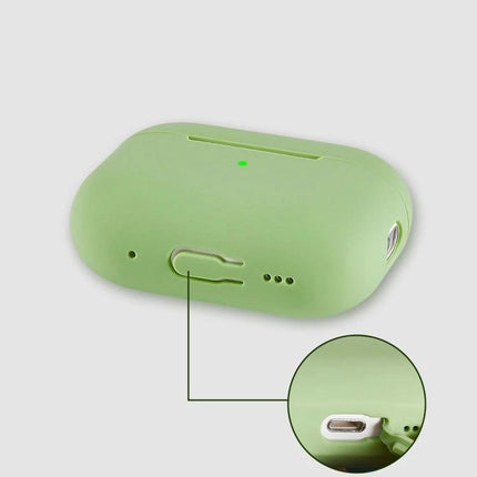 Durable Silicone Case for Protecting Earbuds in Daily Life shown in soft green with open charging port and secure snug fit