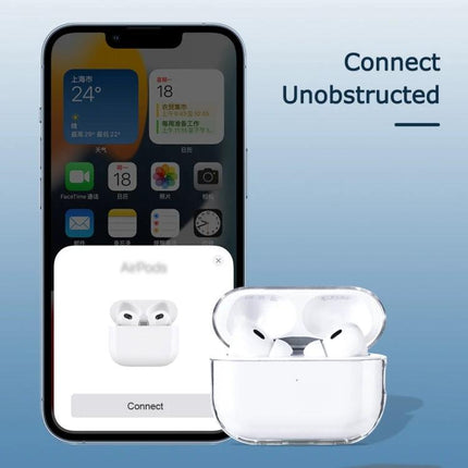 Protective Case for Earphones in Everyday Travel and Home Use showing clear charging-access case with earbuds next to smartphone prompt