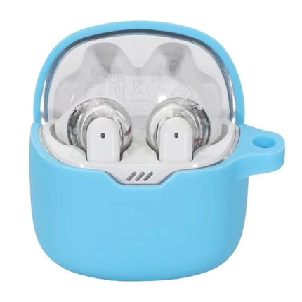Protective Silicone Case for JBL Tune Flex Daily Use in sky blue with cutout for charging, shown with earbuds inside