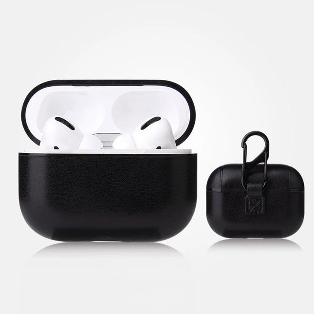 Leather Case with Carabiner for Secure AirPods on the Go - black PU leather protective case with carabiner clip