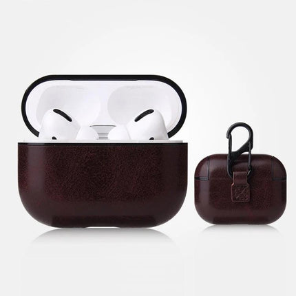 Leather Case with Carabiner for Secure AirPods on the Go - Brown PU leather protective case with clip for commuters and hikers