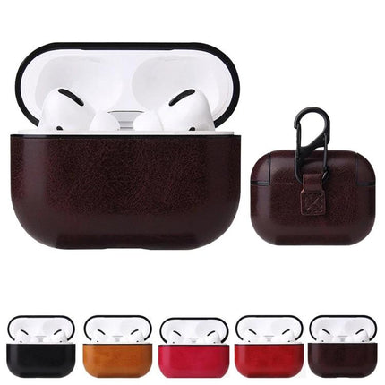 Leather Case with Carabiner for Secure AirPods on the Go shown in dark brown PU leather with carabiner and color options