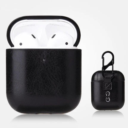 Leather Case with Carabiner for Secure AirPods on the Go - Black PU leather protective case with clip
