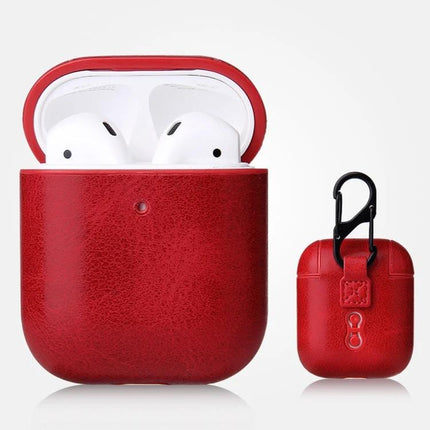 Leather Case with Carabiner for Secure AirPods on the Go - Red PU leather protective case with clip