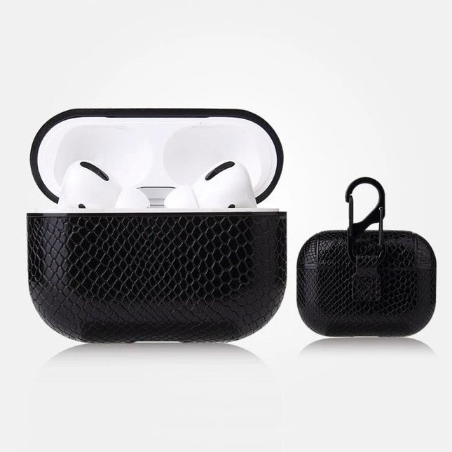 Leather Case for AirPods with Carabiner for Daily Use - black PU leather protective case with carabiner