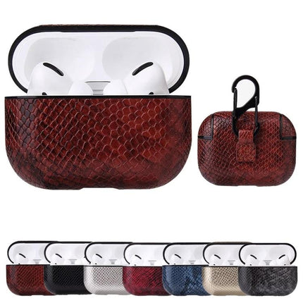 Leather Case for AirPods with Carabiner for Daily Use - PU leather protective case with clip, brown snake texture, fits charging case