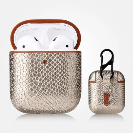 Leather Case for AirPods with Carabiner for Daily Use - PU leather protective case with clip, gold textured finish