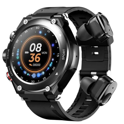 Smart Watch with Integrated Headset for Daily Activities and Music - black sports smartwatch with built-in wireless earbuds showing activity tracking display