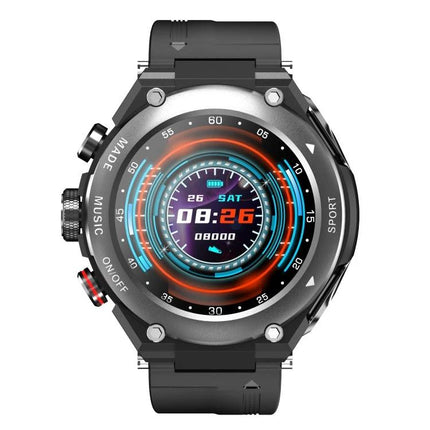 Smart Watch with Integrated Headset for Daily Activities and Music - rugged black smartwatch showing heart rate, steps, and music controls on digital display