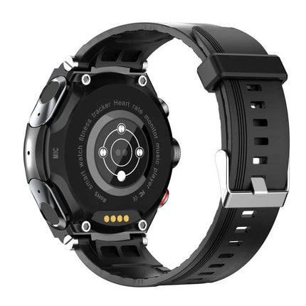 Smart Watch with Integrated Headset for Daily Activities and Music - black fitness smartwatch showing sensors and silicone strap