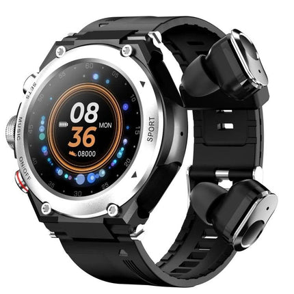 Smart Watch with Integrated Headset for Daily Activities and Music - rugged black smartwatch with built-in wireless earbuds showing heart rate and activity screen