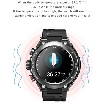 Smart Watch with Integrated Headset for Daily Activities and Music showing body temperature readout 36.27°C on watch face