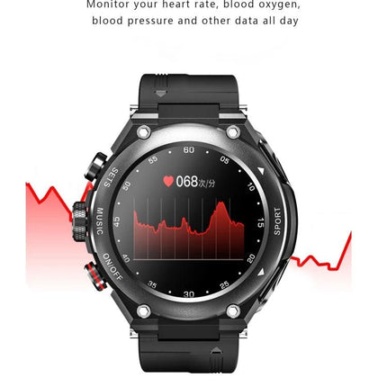 Smart Watch with Integrated Headset for Daily Activities and Music - black rugged smartwatch showing heart rate graph and health tracking