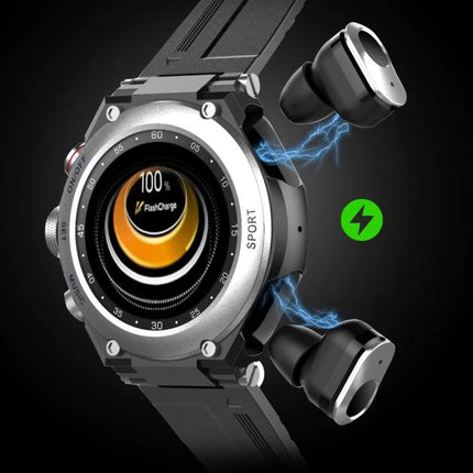 Smart Watch with Integrated Headset for Daily Activities and Music showing wrist device with built-in earbuds, heart-rate display and wireless charging icon
