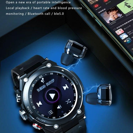 Smart Watch with Integrated Headset for Daily Activities and Music — rugged smartwatch displaying music player with two wireless earbuds and smartphone