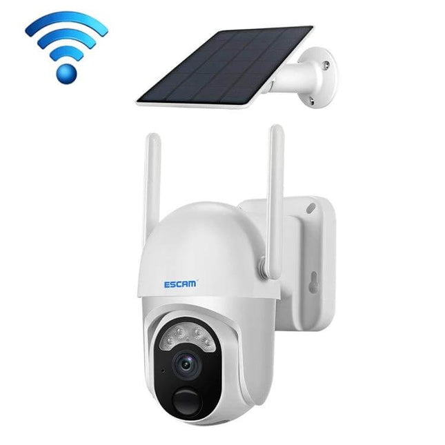 ESCAM Solar-Powered Wireless IP Camera for Home Security outdoor 3MP white camera with solar panel and WiFi antennas