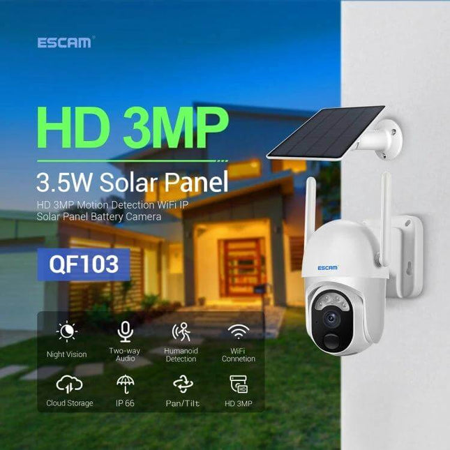ESCAM Solar-Powered Wireless IP Camera for Home Security mounted outdoors with solar panel monitoring driveway and garden