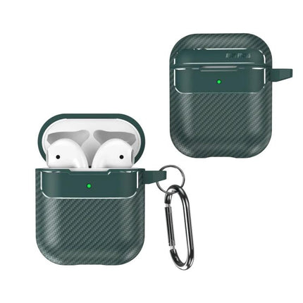 Carbon Fiber Protective Case for Everyday AirPods Carry in textured dark green with carabiner, open and closed views protecting AirPods