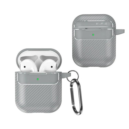 Carbon Fiber Protective Case for Everyday AirPods Carry in silver with carabiner and 360-degree protection, slim dust- and fingerprint-resistant design