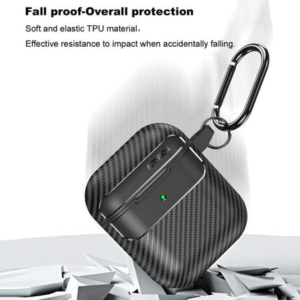 Carbon Fiber Protective Case for Everyday AirPods Carry shown in black carbon fiber with carabiner, 360° protection from drops, dust and fingerprints
